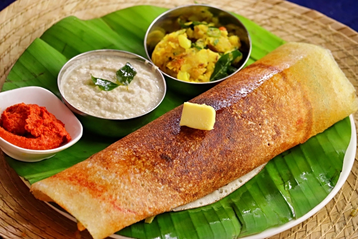 Crispy Masala Dosa served with sambar and chutneys at Garam Masala Indian and Sweets, Edmonton