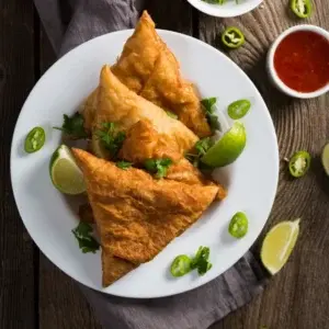 Golden, flaky Veg Samosas served with chutney at Garam Masala Indian and Sweets, Edmonton